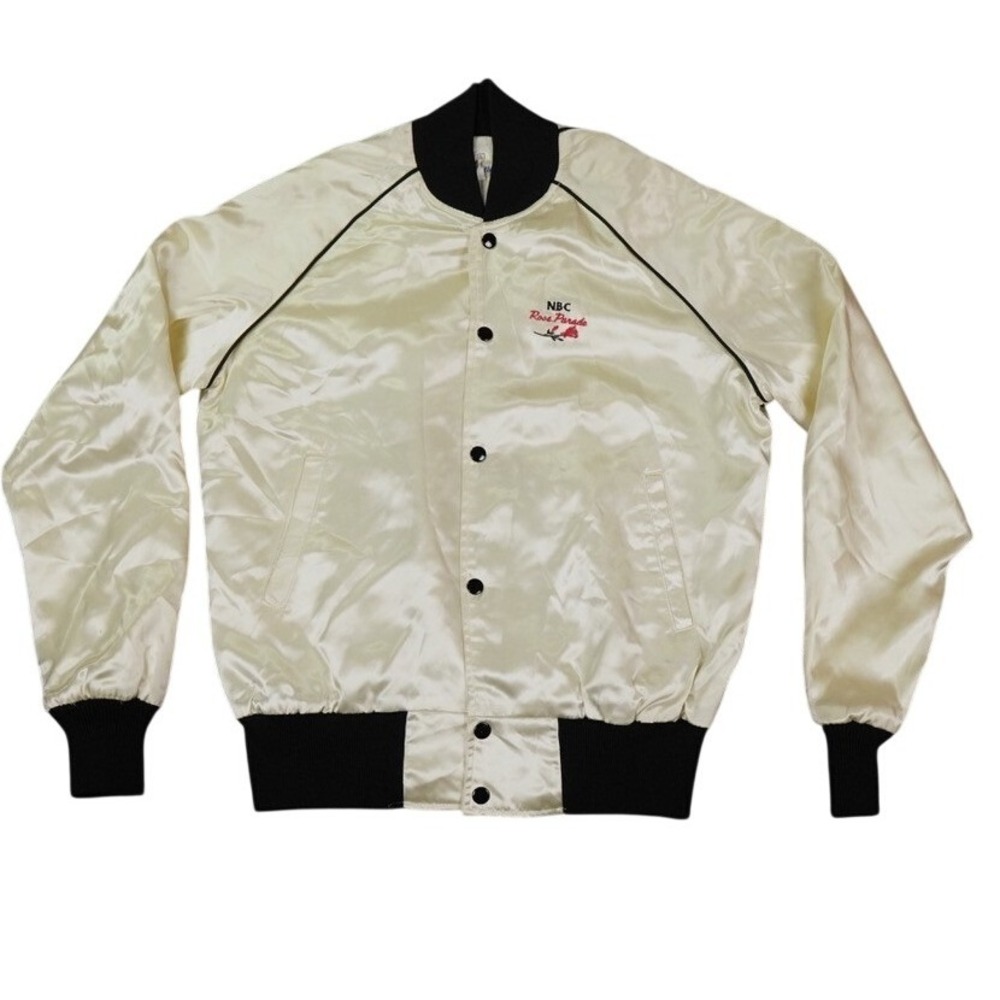 VTG NBC Rose Parade Jacket Women Medium Cream‎ Satin Bomber Raglan Snap Front